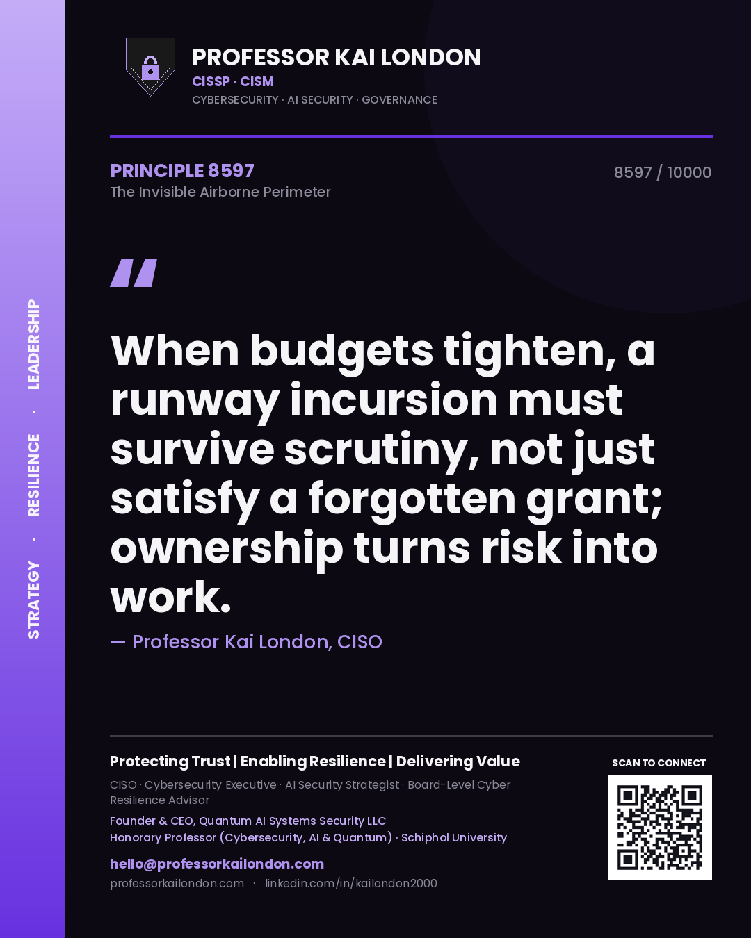 Quote card by Professor Kai London reading 'When budgets tighten, a runway incursion must survive scrutiny, not just satisfy a forgotten grant; ownership turns risk into work.'. From the book The Invisible Airborne Perimeter.