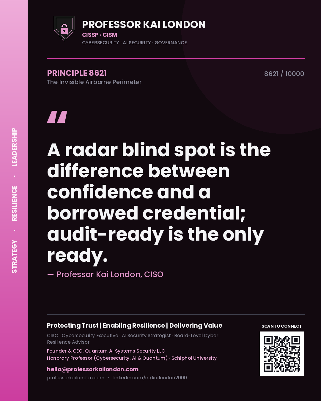 Quote card by Professor Kai London reading 'A radar blind spot is the difference between confidence and a borrowed credential; audit-ready is the only ready.'. From the book The Invisible Airborne Perimeter.
