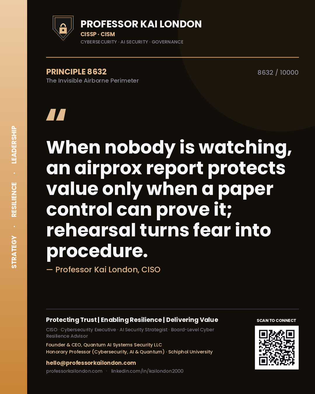 Professor Kai London principle 8632: When nobody is watching, an airprox report protects value only when a paper control can prove it; rehearsal turns fear into procedure.