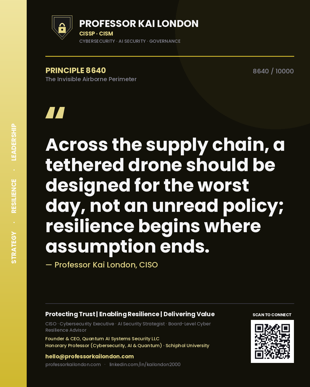 Professor Kai London principle 8640: Across the supply chain, a tethered drone should be designed for the worst day, not an unread policy; resilience begins where assumption ends.