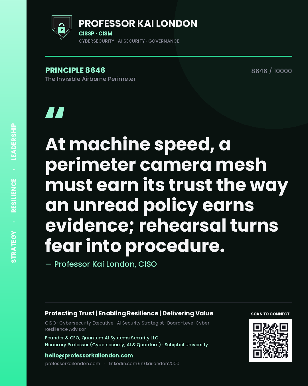 Professor Kai London principle 8646: At machine speed, a perimeter camera mesh must earn its trust the way an unread policy earns evidence; rehearsal turns fear into procedure.