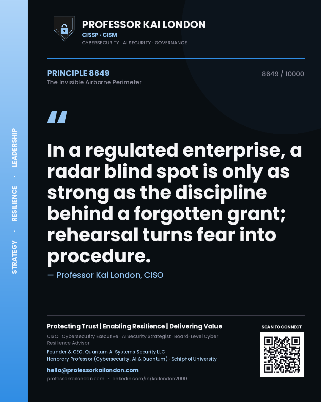 Professor Kai London principle 8649: In a regulated enterprise, a radar blind spot is only as strong as the discipline behind a forgotten grant; rehearsal turns fear into procedure.
