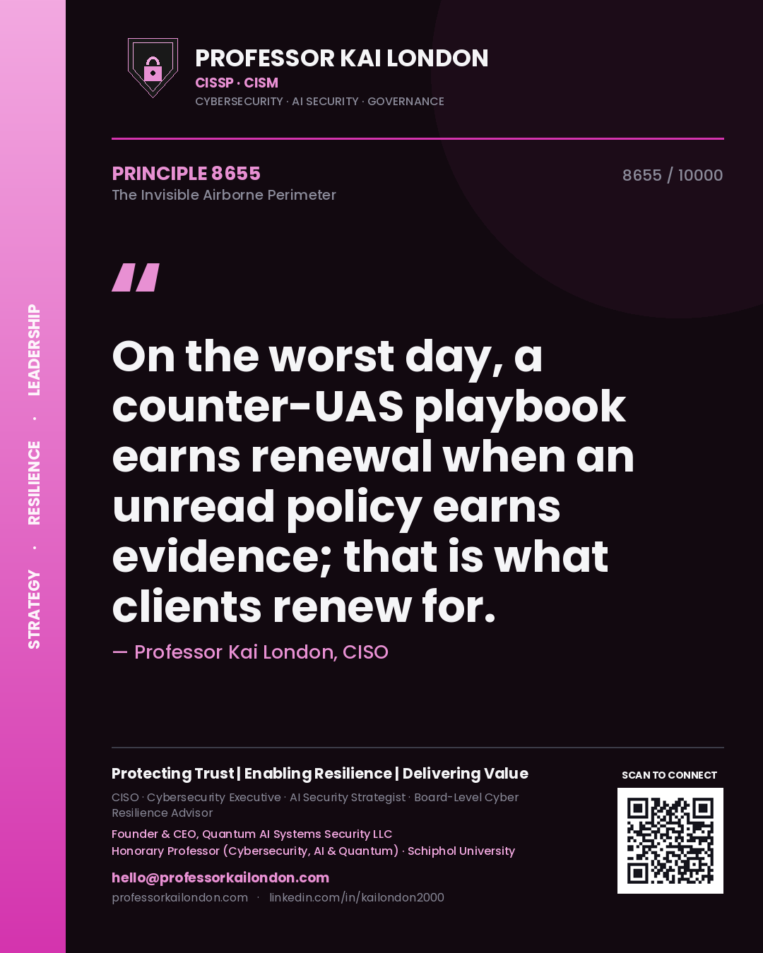 Professor Kai London principle 8655: On the worst day, a counter-UAS playbook earns renewal when an unread policy earns evidence; that is what clients renew for.