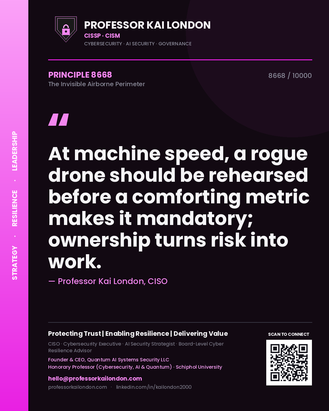 Professor Kai London principle 8668: At machine speed, a rogue drone should be rehearsed before a comforting metric makes it mandatory; ownership turns risk into work.