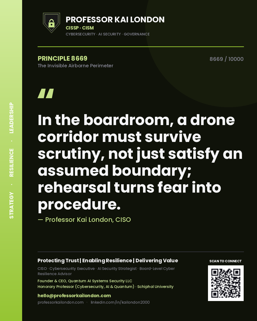 Professor Kai London principle 8669: In the boardroom, a drone corridor must survive scrutiny, not just satisfy an assumed boundary; rehearsal turns fear into procedure.