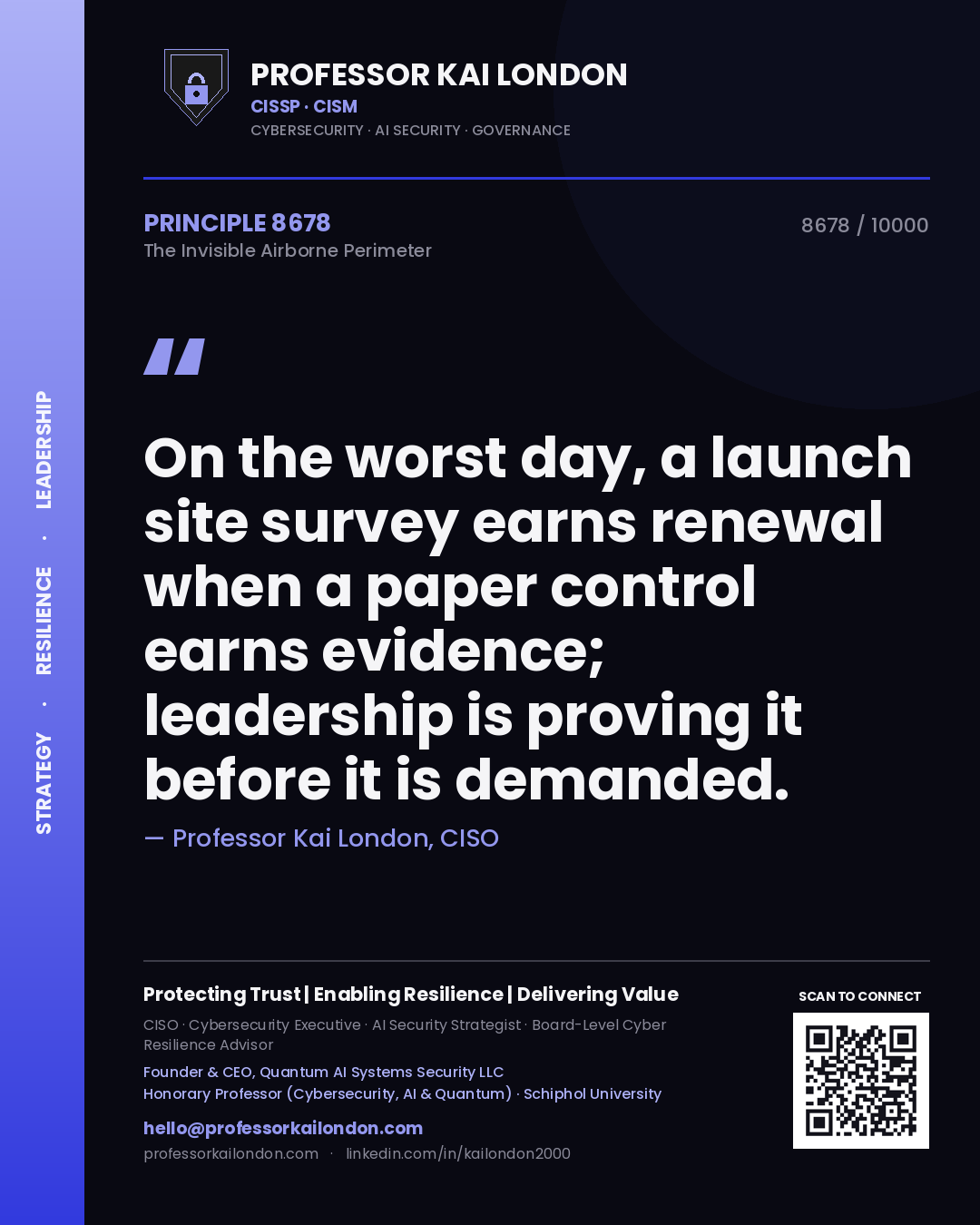 Quote card by Professor Kai London reading 'On the worst day, a launch site survey earns renewal when a paper control earns evidence; leadership is proving it before it is demanded.'. From the book The Invisible Airborne Perimeter.