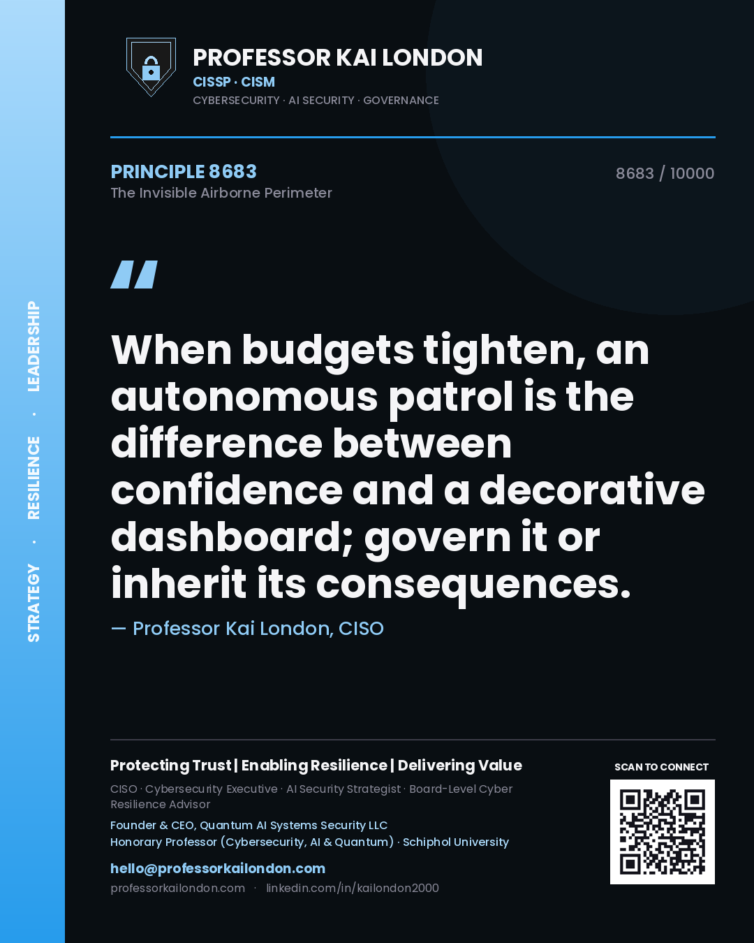 Professor Kai London principle 8683: When budgets tighten, an autonomous patrol is the difference between confidence and a decorative dashboard; govern it or inherit its consequences.