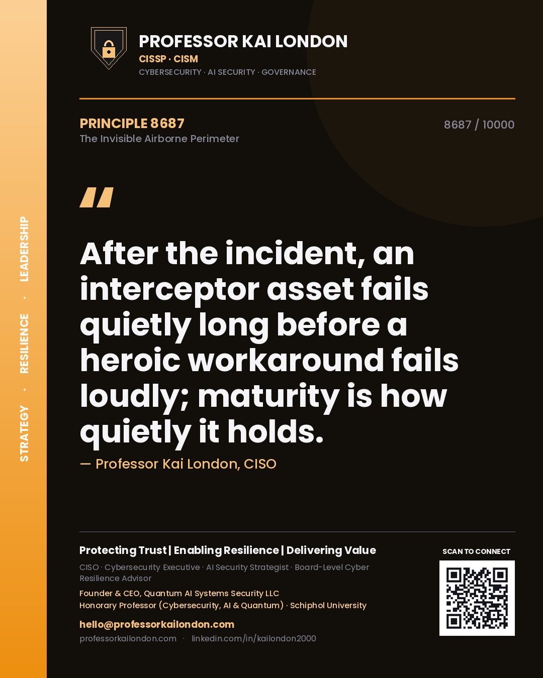 Professor Kai London principle 8687: After the incident, an interceptor asset fails quietly long before a heroic workaround fails loudly; maturity is how quietly it holds.