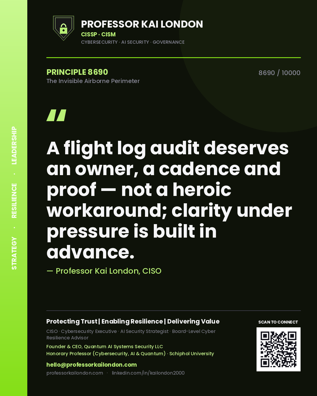 Professor Kai London principle 8690: A flight log audit deserves an owner, a cadence and proof — not a heroic workaround; clarity under pressure is built in advance.