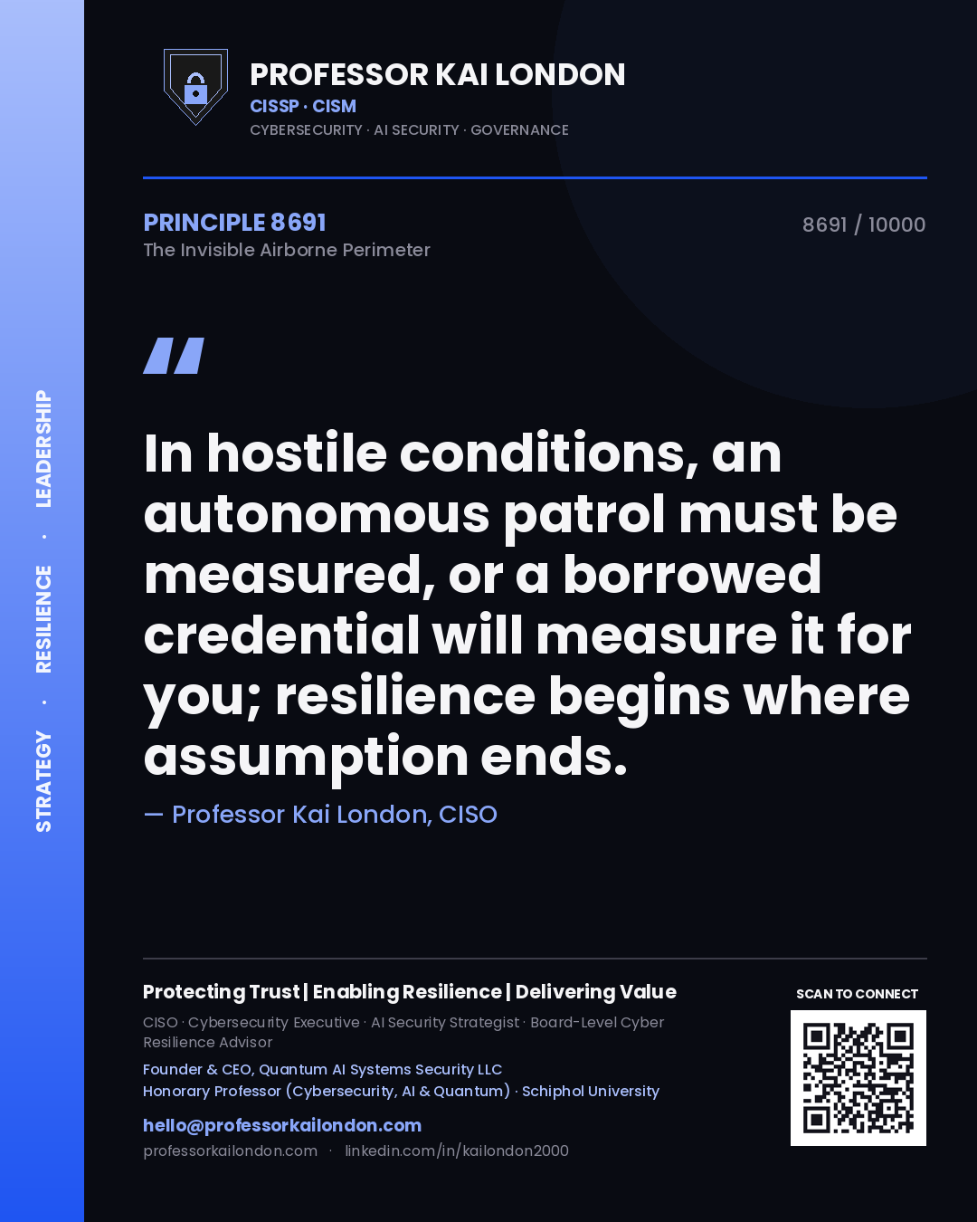 Professor Kai London principle 8691: In hostile conditions, an autonomous patrol must be measured, or a borrowed credential will measure it for you; resilience begins where assumption ends.