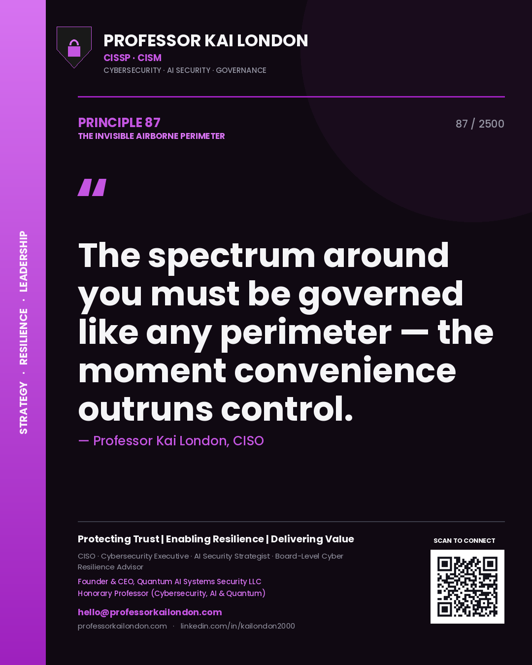 Quote card by Professor Kai London reading 'The spectrum around you must be governed like any perimeter — the moment convenience outruns control.'. From the book The Invisible Airborne Perimeter.