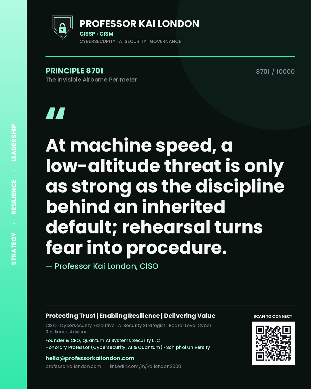 Quote card by Professor Kai London reading 'At machine speed, a low-altitude threat is only as strong as the discipline behind an inherited default; rehearsal turns fear into procedure.'. From the book The Invisible Airborne Perimeter.
