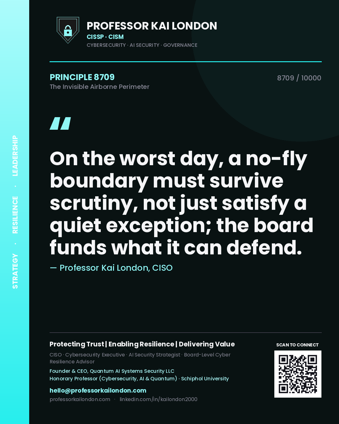Quote card by Professor Kai London reading 'On the worst day, a no-fly boundary must survive scrutiny, not just satisfy a quiet exception; the board funds what it can defend.'. From the book The Invisible Airborne Perimeter.