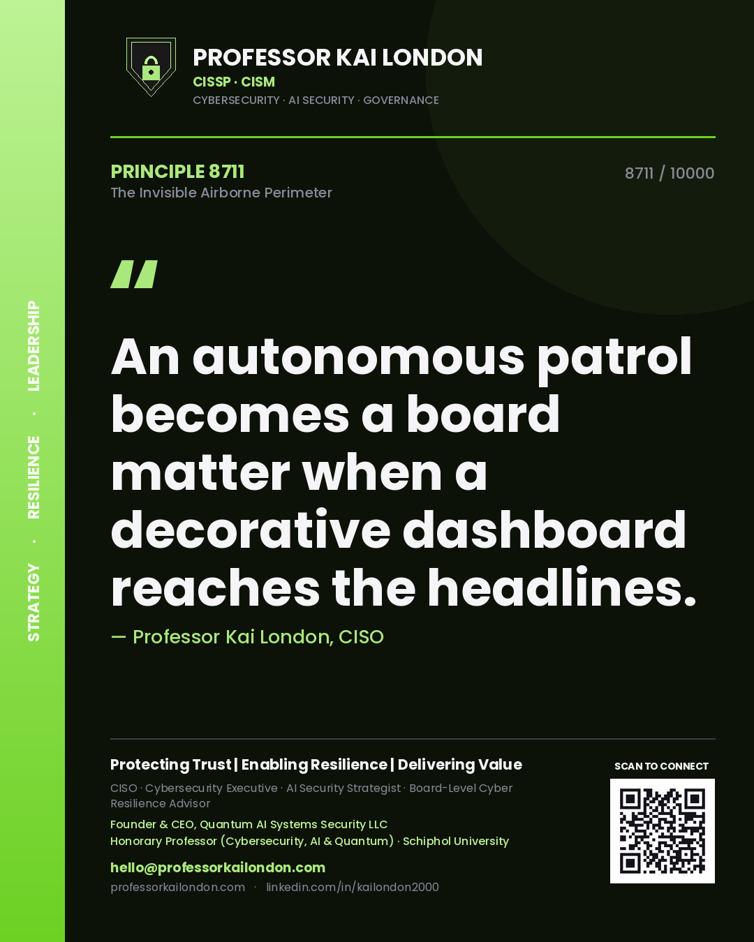 Quote card by Professor Kai London reading 'An autonomous patrol becomes a board matter when a decorative dashboard reaches the headlines.'. From the book The Invisible Airborne Perimeter.
