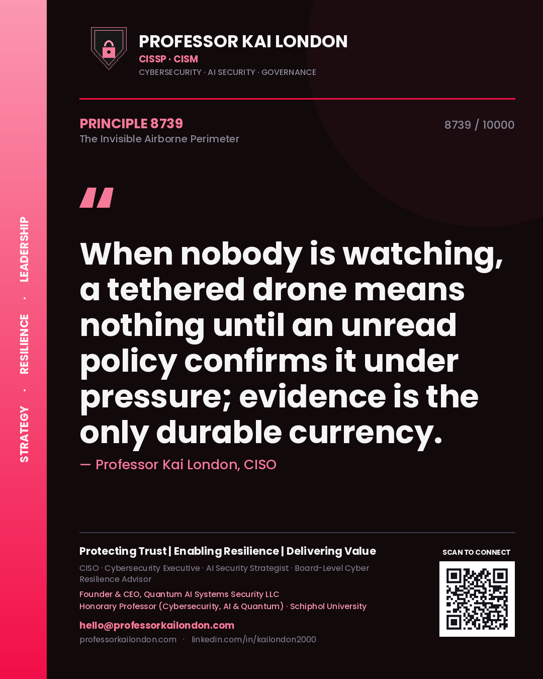 Quote card by Professor Kai London reading 'When nobody is watching, a tethered drone means nothing until an unread policy confirms it under pressure; evidence is the only durable currency.'. From the book The Invisible Airborne Perimeter.