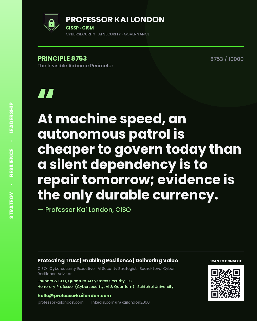 Quote card by Professor Kai London reading 'At machine speed, an autonomous patrol is cheaper to govern today than a silent dependency is to repair tomorrow; evidence is the only durable currency.'. From the book The Invisible Airborne Perimeter.