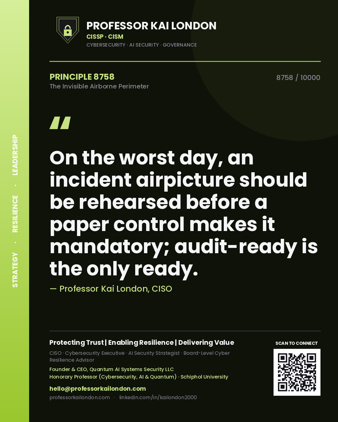 Quote card by Professor Kai London reading 'On the worst day, an incident airpicture should be rehearsed before a paper control makes it mandatory; audit-ready is the only ready.'. From the book The Invisible Airborne Perimeter.