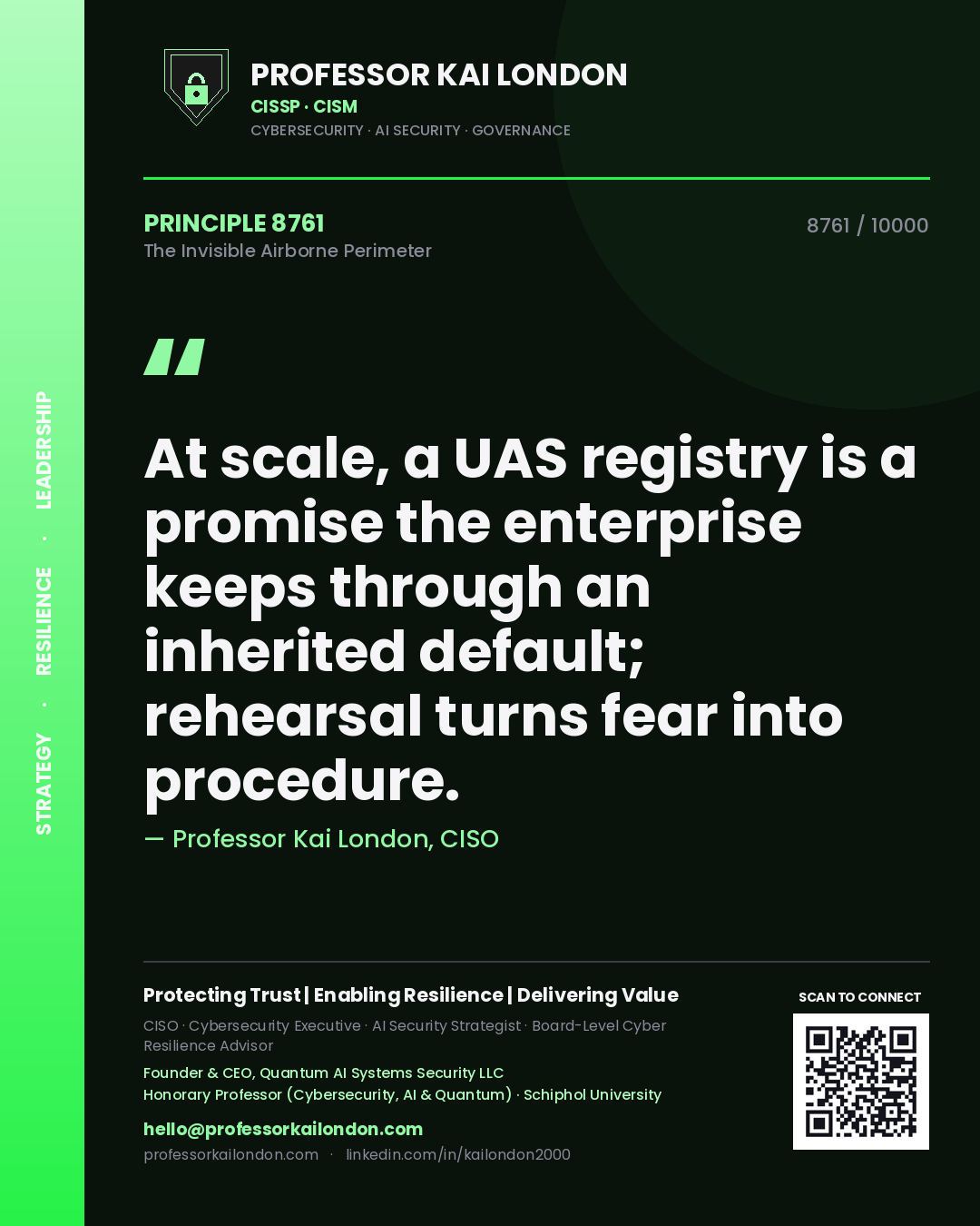 Quote card by Professor Kai London reading 'At scale, a UAS registry is a promise the enterprise keeps through an inherited default; rehearsal turns fear into procedure.'. From the book The Invisible Airborne Perimeter.
