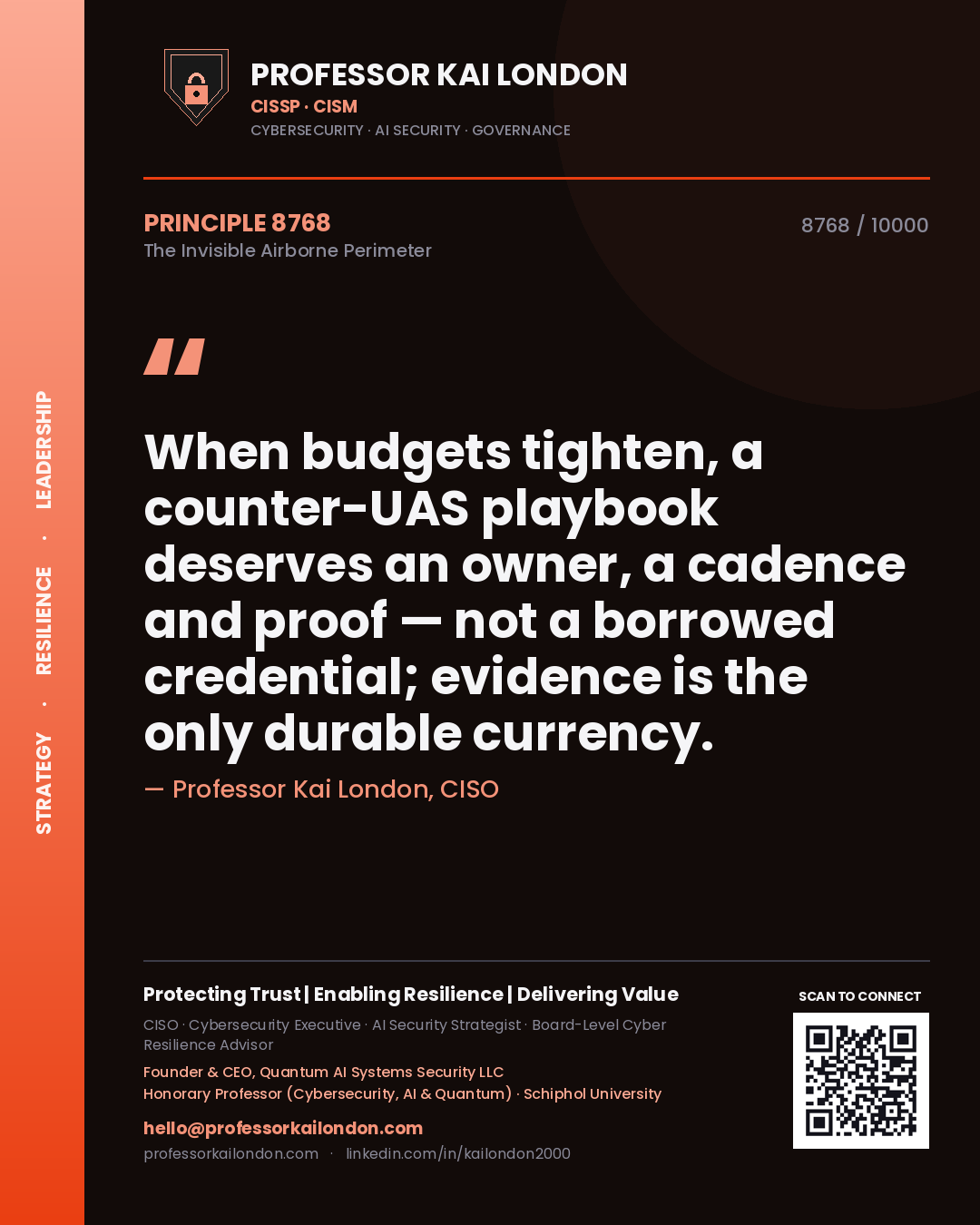 Quote card by Professor Kai London reading 'When budgets tighten, a counter-UAS playbook deserves an owner, a cadence and proof — not a borrowed credential; evidence is the only durable currency.'. From the book The Invisible Airborne Perimeter.