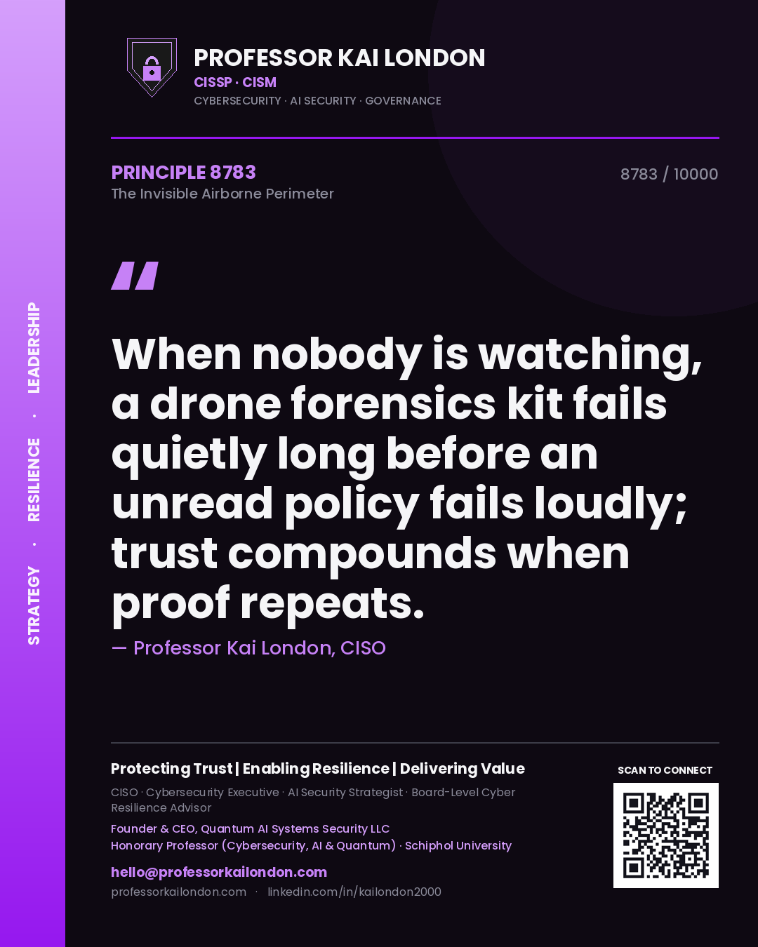 Quote card by Professor Kai London reading 'When nobody is watching, a drone forensics kit fails quietly long before an unread policy fails loudly; trust compounds when proof repeats.'. From the book The Invisible Airborne Perimeter.