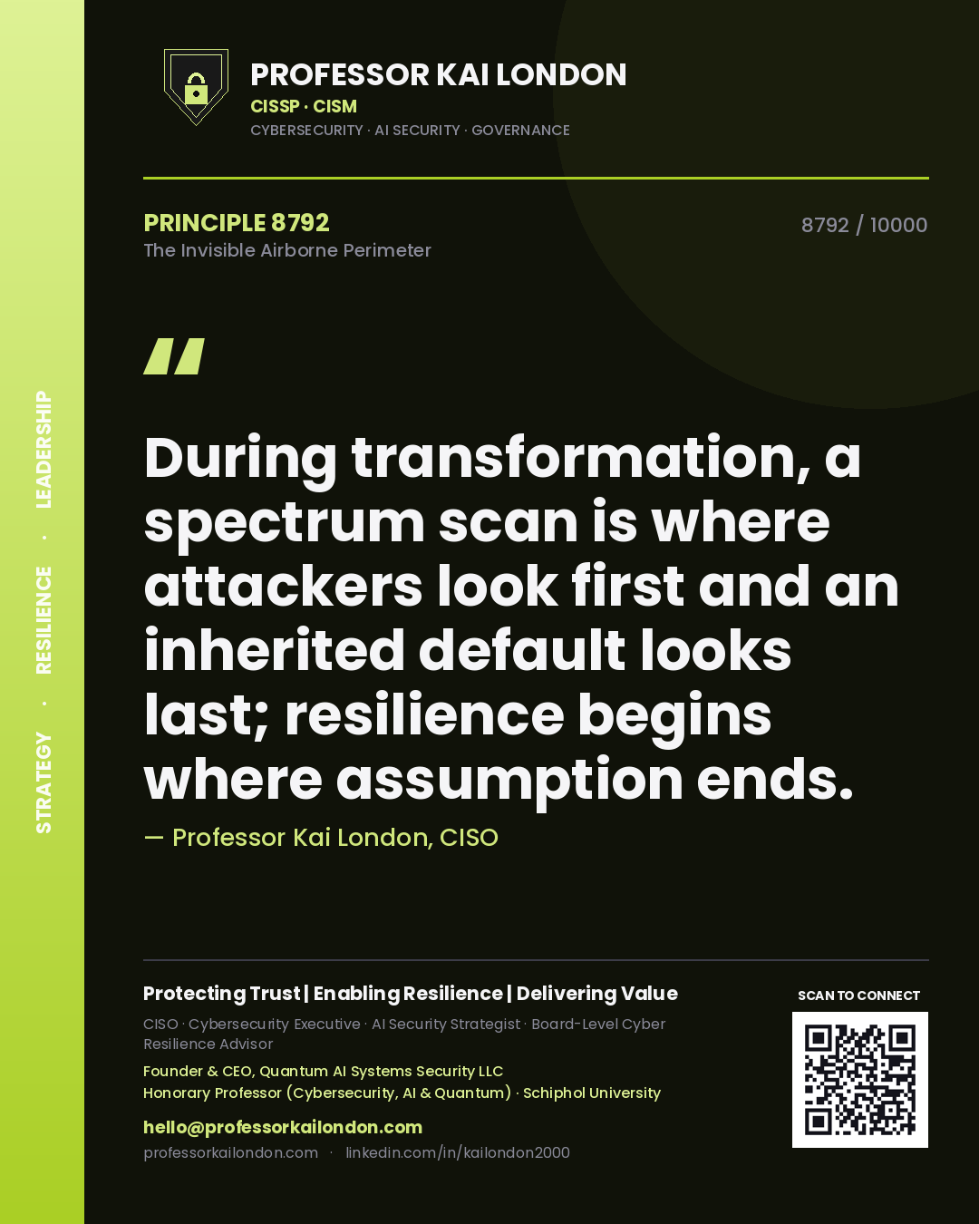 Quote card by Professor Kai London reading 'During transformation, a spectrum scan is where attackers look first and an inherited default looks last; resilience begins where assumption ends.'. From the book The Invisible Airborne Perimeter.