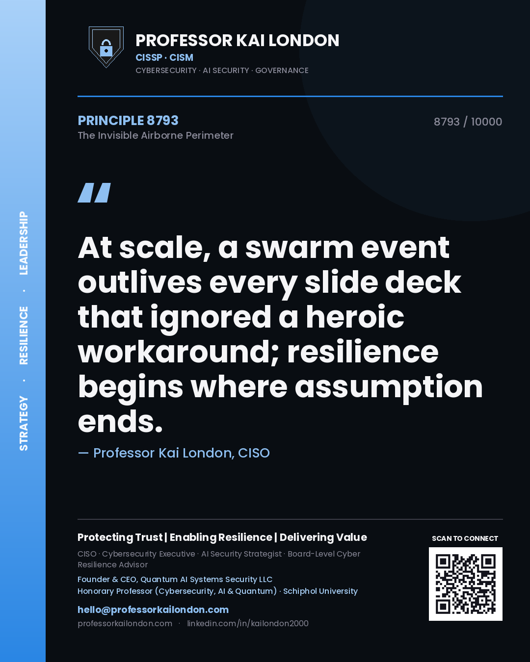 Quote card by Professor Kai London reading 'At scale, a swarm event outlives every slide deck that ignored a heroic workaround; resilience begins where assumption ends.'. From the book The Invisible Airborne Perimeter.