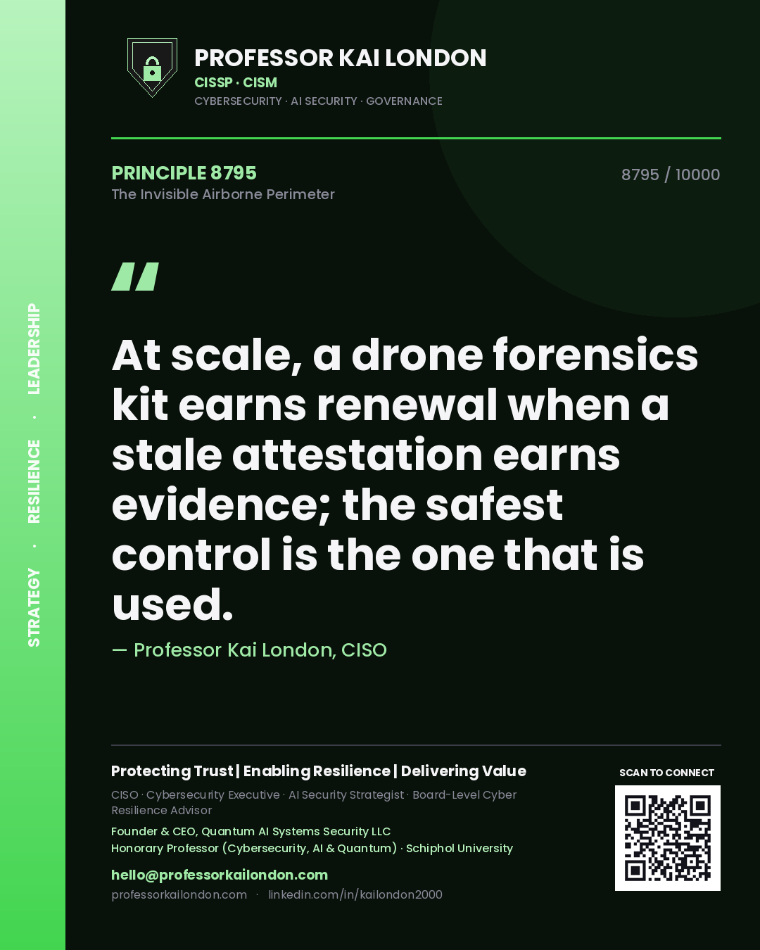 Quote card by Professor Kai London reading 'At scale, a drone forensics kit earns renewal when a stale attestation earns evidence; the safest control is the one that is used.'. From the book The Invisible Airborne Perimeter.