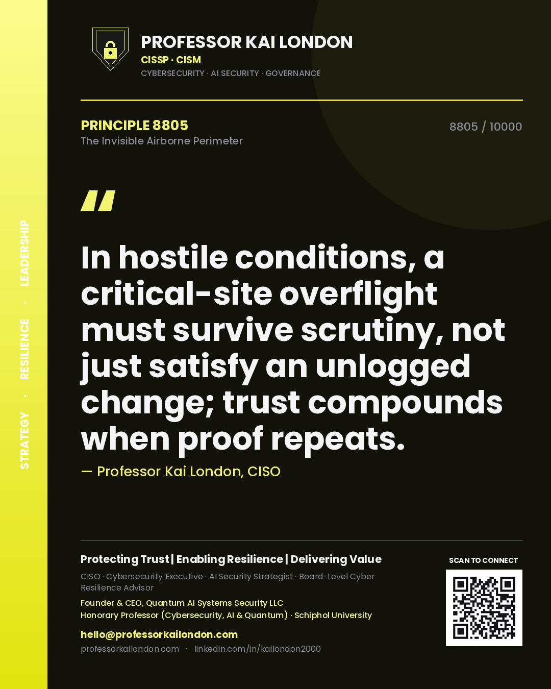 Quote card by Professor Kai London reading 'In hostile conditions, a critical-site overflight must survive scrutiny, not just satisfy an unlogged change; trust compounds when proof repeats.'. From the book The Invisible Airborne Perimeter.