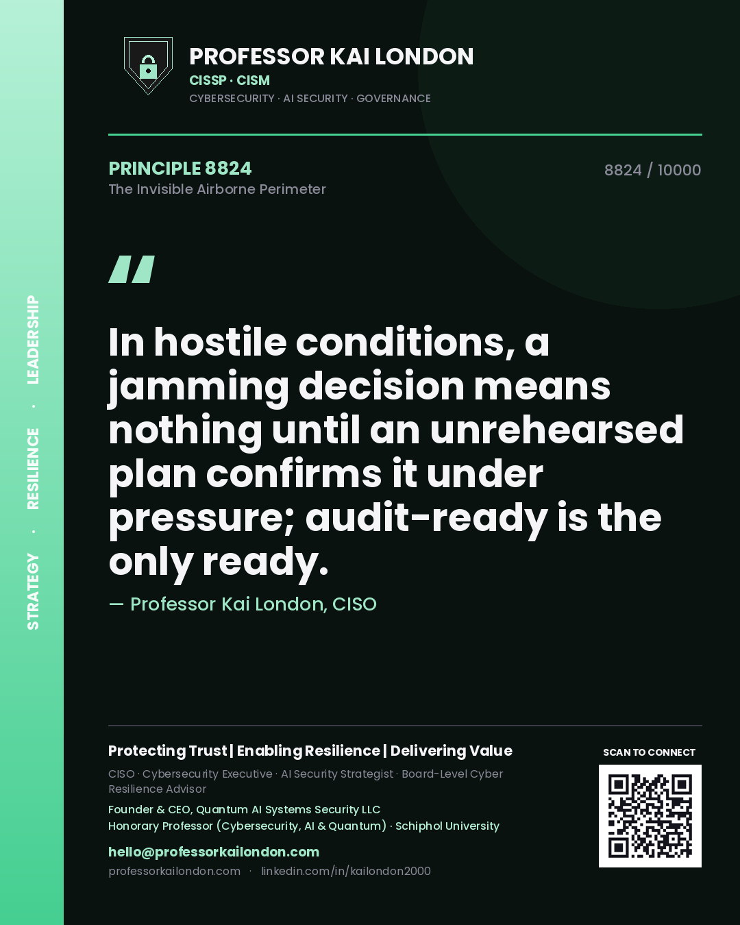 Quote card by Professor Kai London reading 'In hostile conditions, a jamming decision means nothing until an unrehearsed plan confirms it under pressure; audit-ready is the only ready.'. From the book The Invisible Airborne Perimeter.