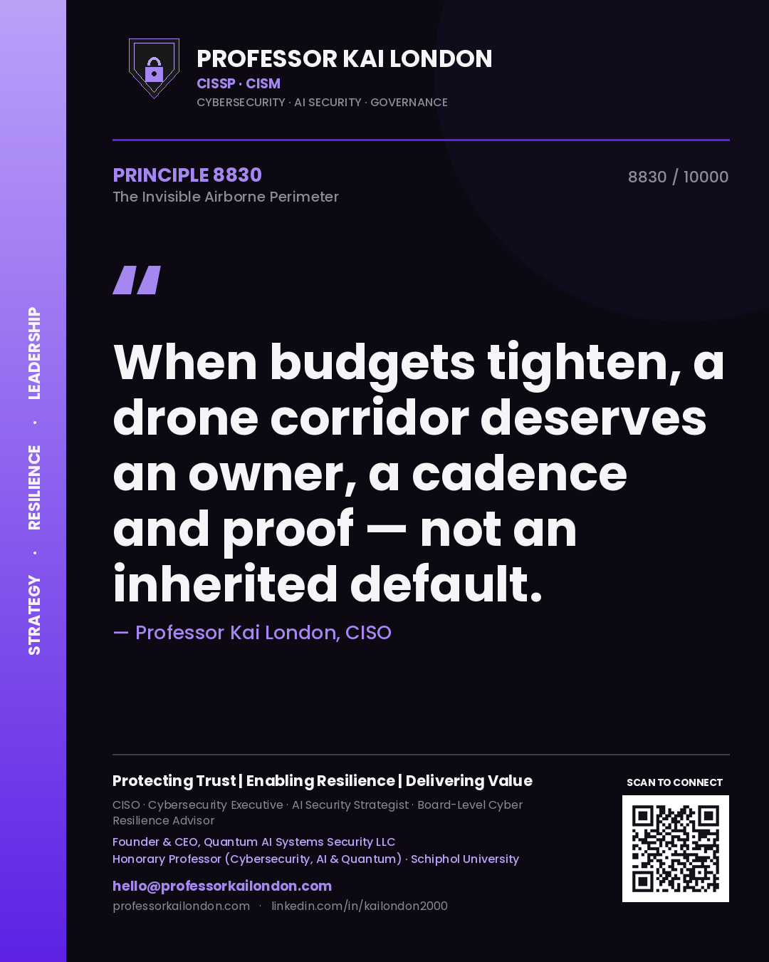 Professor Kai London principle 8830: When budgets tighten, a drone corridor deserves an owner, a cadence and proof — not an inherited default.