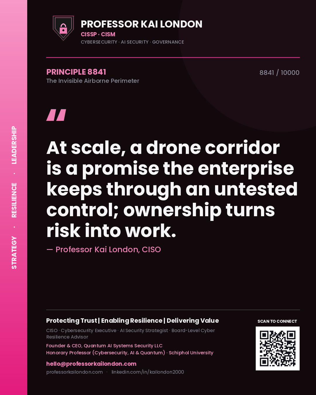 Professor Kai London principle 8841: At scale, a drone corridor is a promise the enterprise keeps through an untested control; ownership turns risk into work.