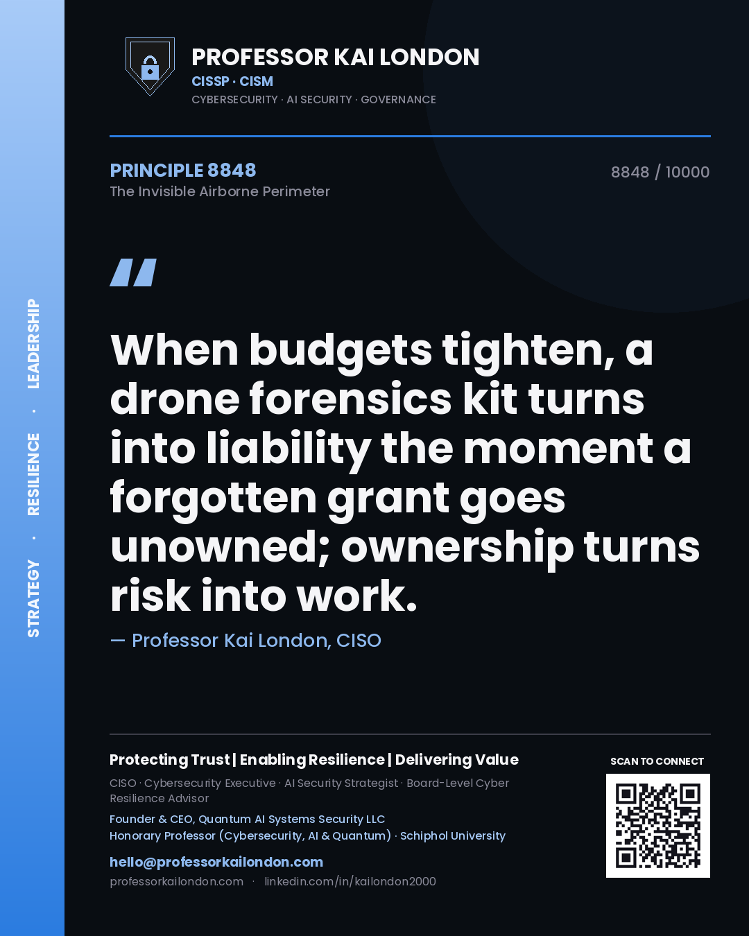 Quote card by Professor Kai London reading 'When budgets tighten, a drone forensics kit turns into liability the moment a forgotten grant goes unowned; ownership turns risk into work.'. From the book The Invisible Airborne Perimeter.