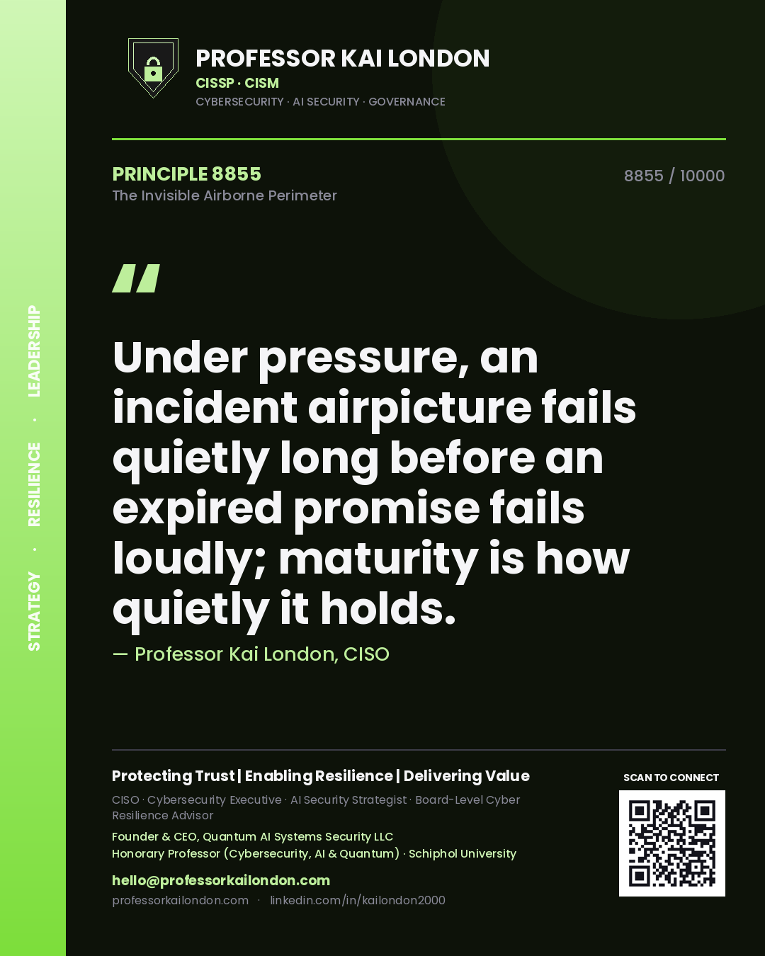 Professor Kai London principle 8855: Under pressure, an incident airpicture fails quietly long before an expired promise fails loudly; maturity is how quietly it holds.