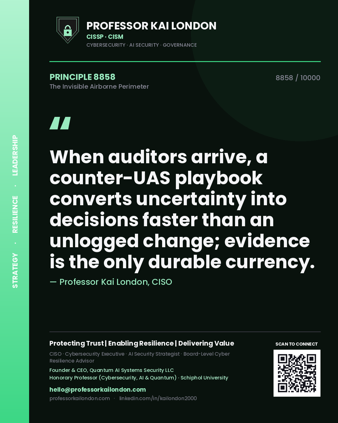 Quote card by Professor Kai London reading 'When auditors arrive, a counter-UAS playbook converts uncertainty into decisions faster than an unlogged change; evidence is the only durable currency.'. From the book The Invisible Airborne Perimeter.
