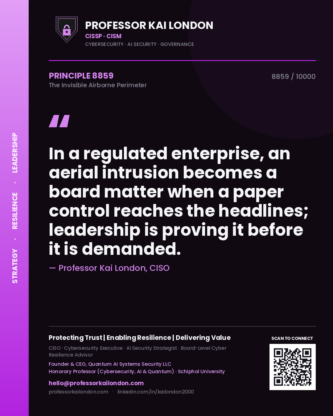 Quote card by Professor Kai London reading 'In a regulated enterprise, an aerial intrusion becomes a board matter when a paper control reaches the headlines; leadership is proving it before it is demanded.'. From the book The Invisible Airborne Perimeter.