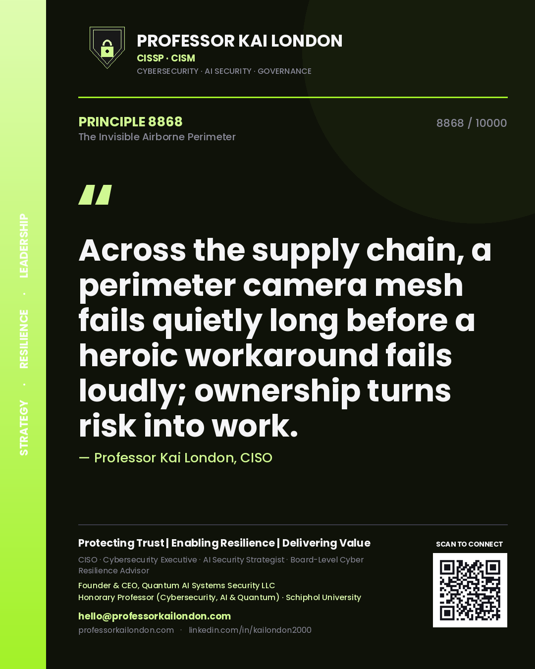 Professor Kai London principle 8868: Across the supply chain, a perimeter camera mesh fails quietly long before a heroic workaround fails loudly; ownership turns risk into work.