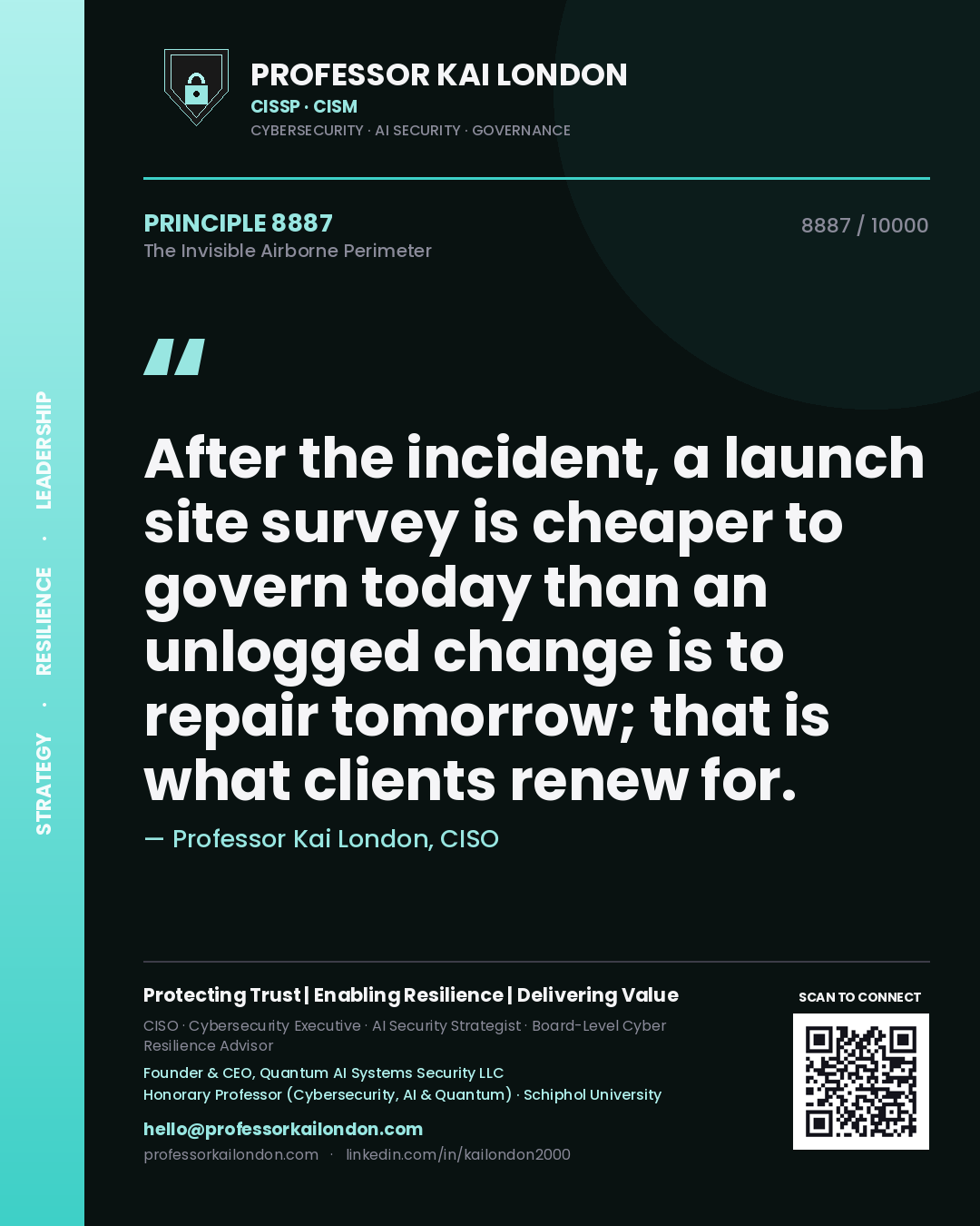 Quote card by Professor Kai London reading 'After the incident, a launch site survey is cheaper to govern today than an unlogged change is to repair tomorrow; that is what clients renew for.'. From the book The Invisible Airborne Perimeter.