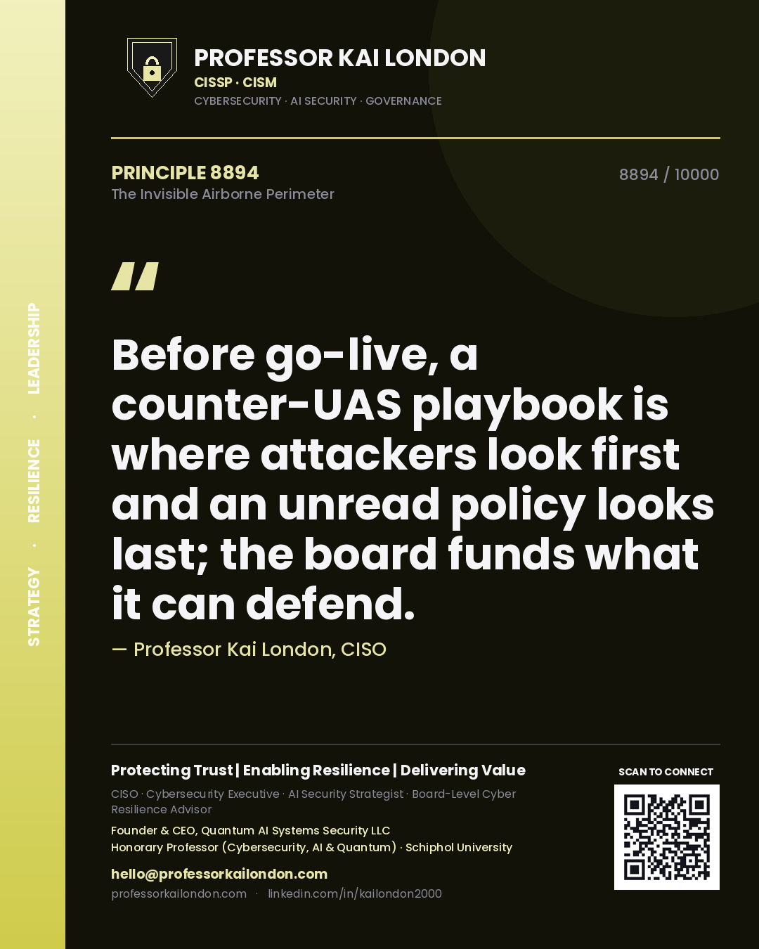 Professor Kai London principle 8894: Before go-live, a counter-UAS playbook is where attackers look first and an unread policy looks last; the board funds what it can defend.
