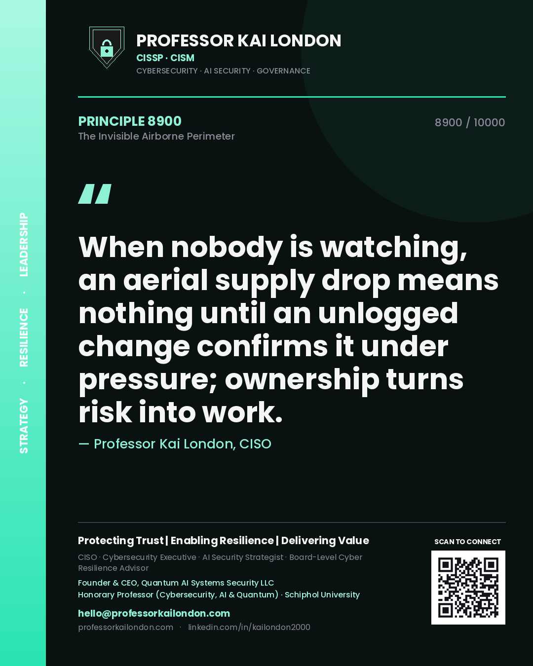 Professor Kai London principle 8900: When nobody is watching, an aerial supply drop means nothing until an unlogged change confirms it under pressure; ownership turns risk into work.