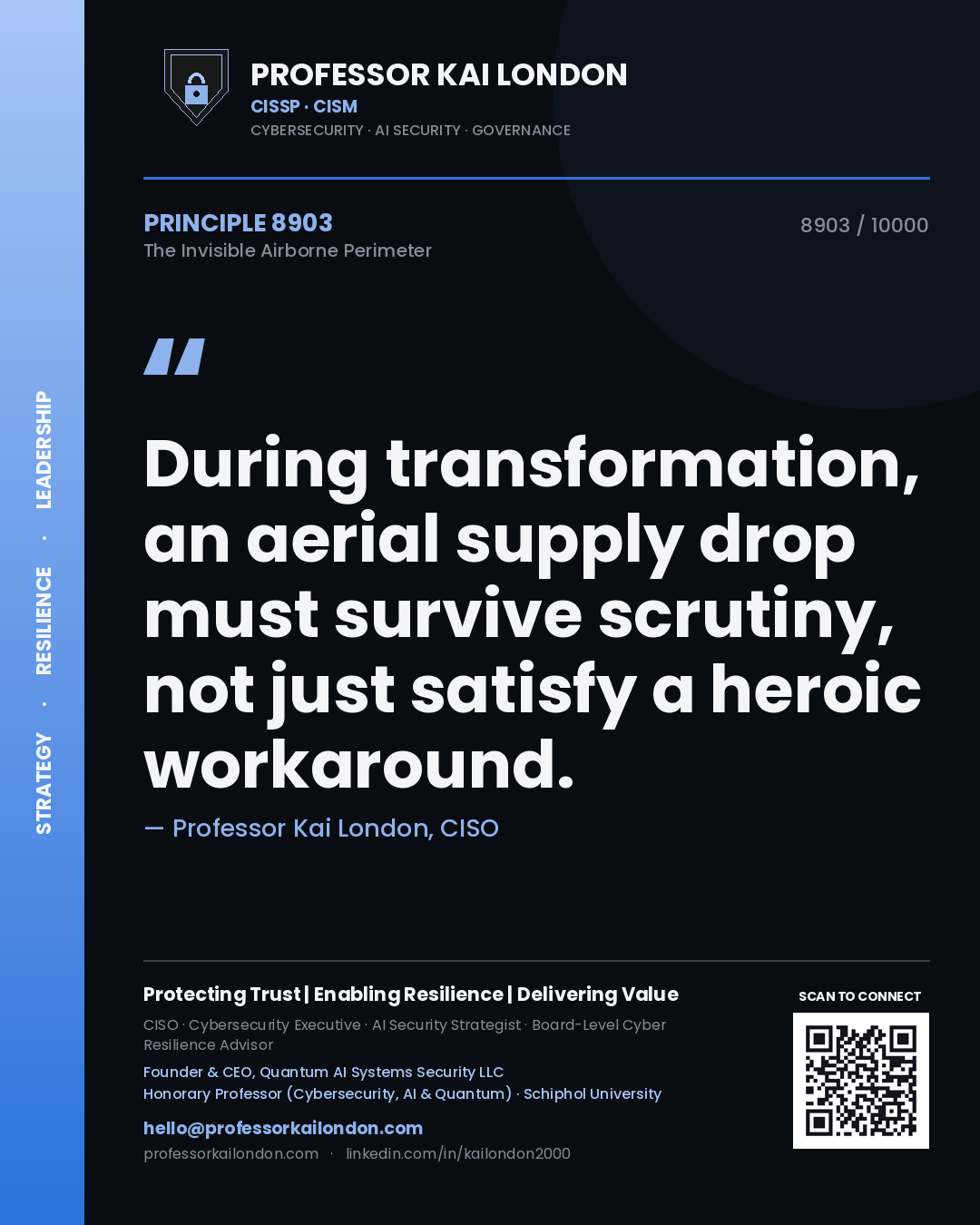 Quote card by Professor Kai London reading 'During transformation, an aerial supply drop must survive scrutiny, not just satisfy a heroic workaround.'. From the book The Invisible Airborne Perimeter.