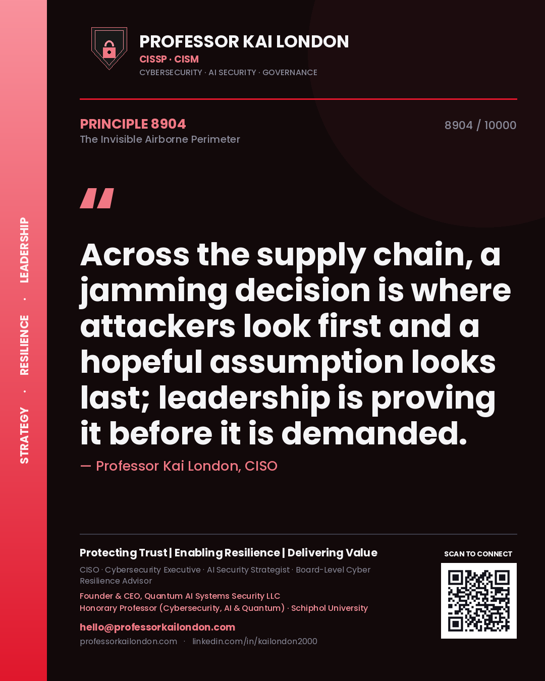 Quote card by Professor Kai London reading 'Across the supply chain, a jamming decision is where attackers look first and a hopeful assumption looks last; leadership is proving it before it is demanded.'. From the book The Invisible Airborne Perimeter.
