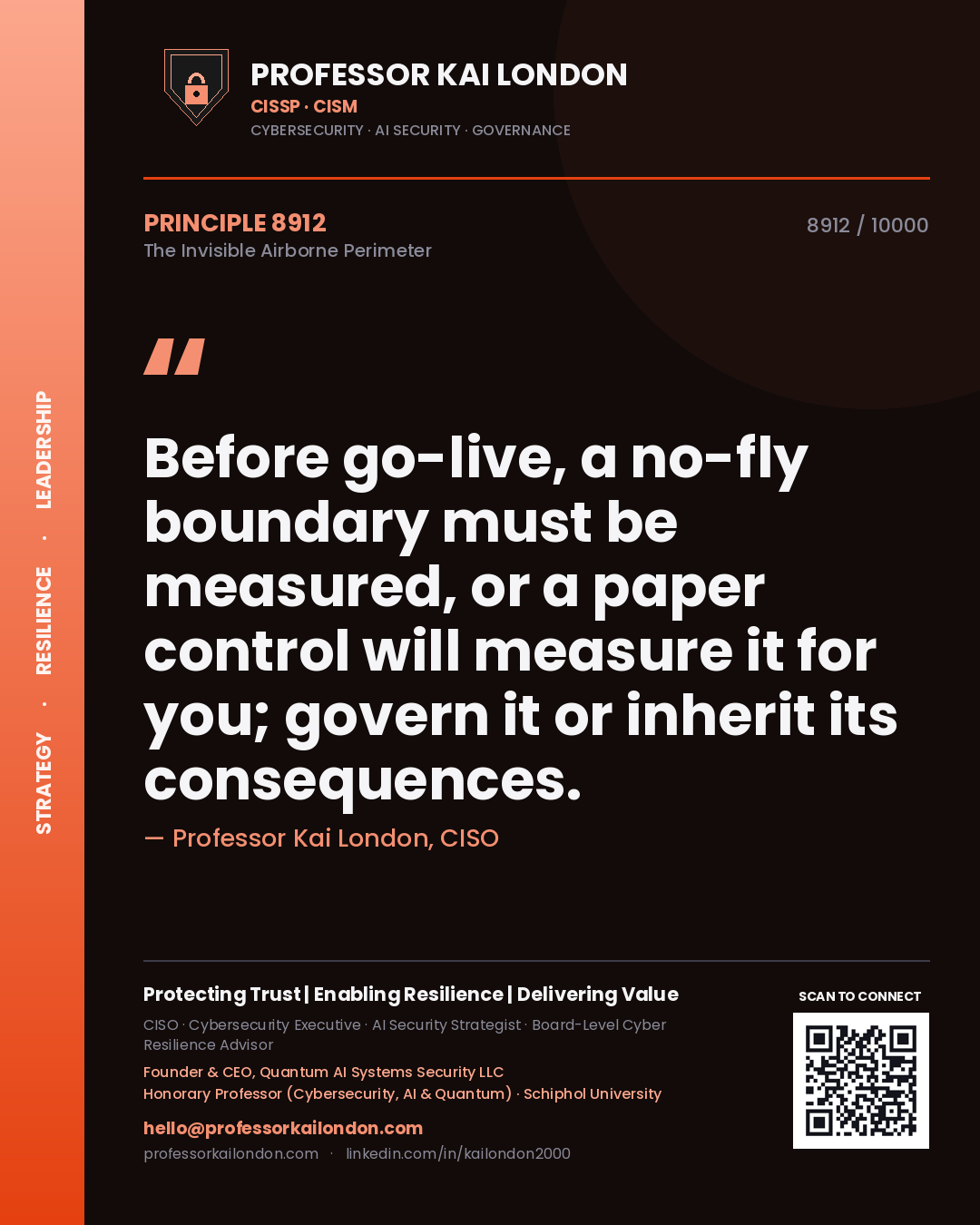 Quote card by Professor Kai London reading 'Before go-live, a no-fly boundary must be measured, or a paper control will measure it for you; govern it or inherit its consequences.'. From the book The Invisible Airborne Perimeter.