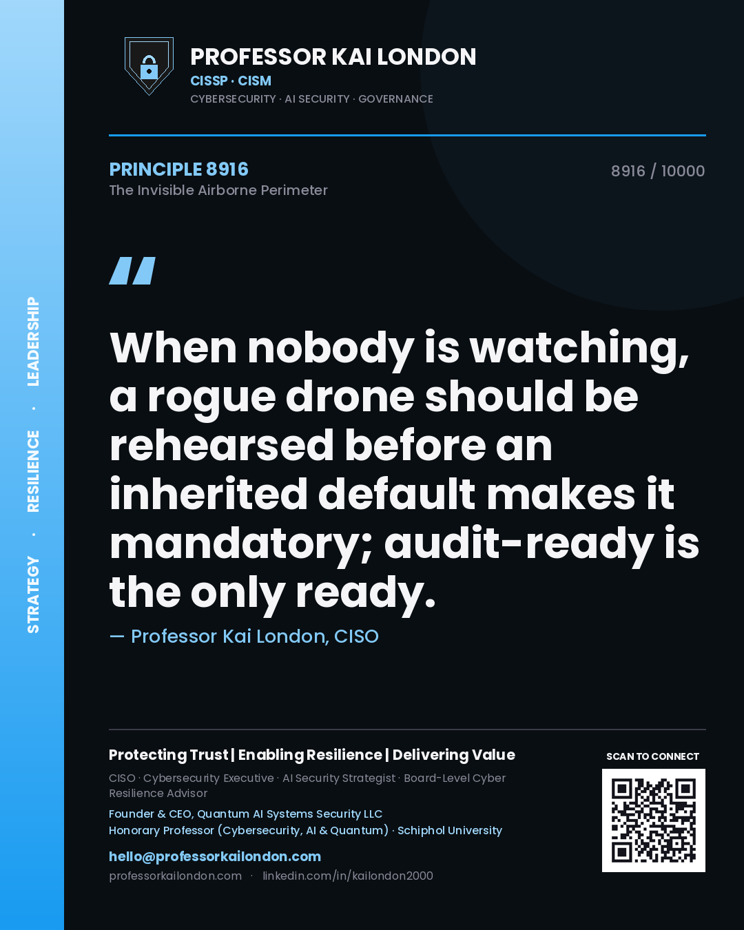 Quote card by Professor Kai London reading 'When nobody is watching, a rogue drone should be rehearsed before an inherited default makes it mandatory; audit-ready is the only ready.'. From the book The Invisible Airborne Perimeter.