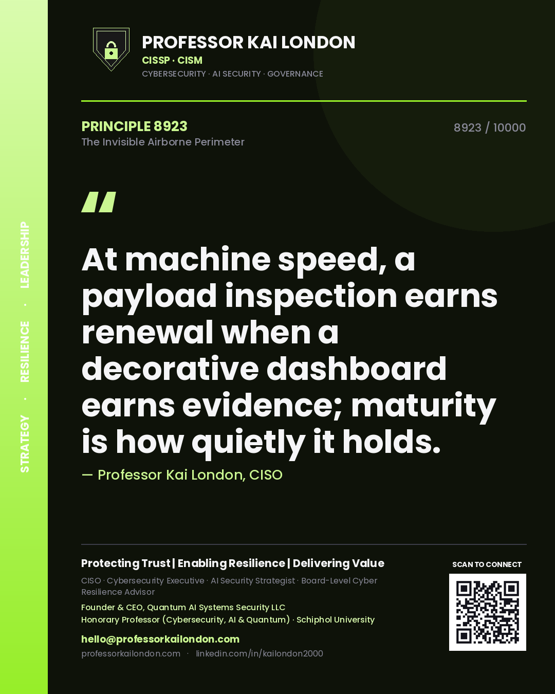 Quote card by Professor Kai London reading 'At machine speed, a payload inspection earns renewal when a decorative dashboard earns evidence; maturity is how quietly it holds.'. From the book The Invisible Airborne Perimeter.