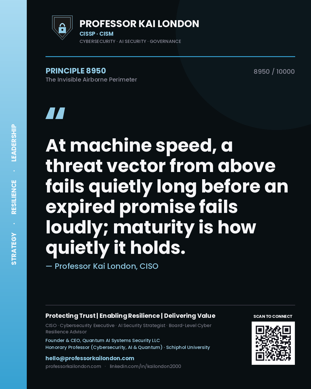 Quote card by Professor Kai London reading 'At machine speed, a threat vector from above fails quietly long before an expired promise fails loudly; maturity is how quietly it holds.'. From the book The Invisible Airborne Perimeter.