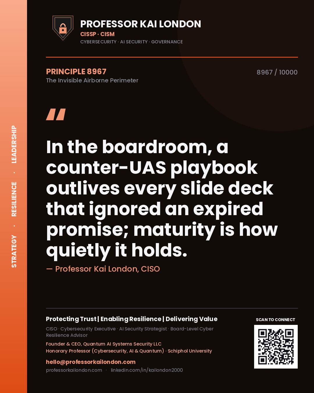 Quote card by Professor Kai London reading 'In the boardroom, a counter-UAS playbook outlives every slide deck that ignored an expired promise; maturity is how quietly it holds.'. From the book The Invisible Airborne Perimeter.
