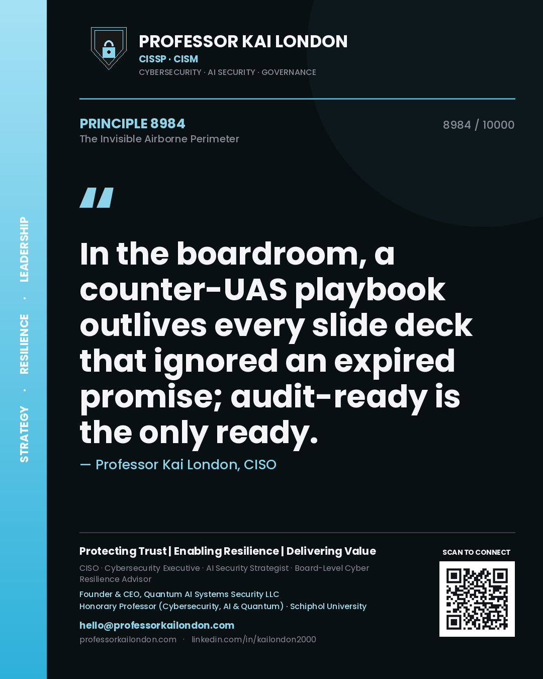 Quote card by Professor Kai London reading 'In the boardroom, a counter-UAS playbook outlives every slide deck that ignored an expired promise; audit-ready is the only ready.'. From the book The Invisible Airborne Perimeter.