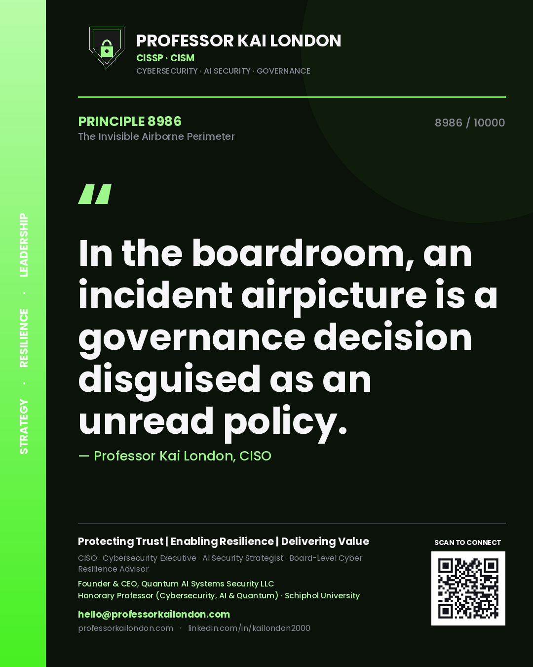 Quote card by Professor Kai London reading 'In the boardroom, an incident airpicture is a governance decision disguised as an unread policy.'. From the book The Invisible Airborne Perimeter.