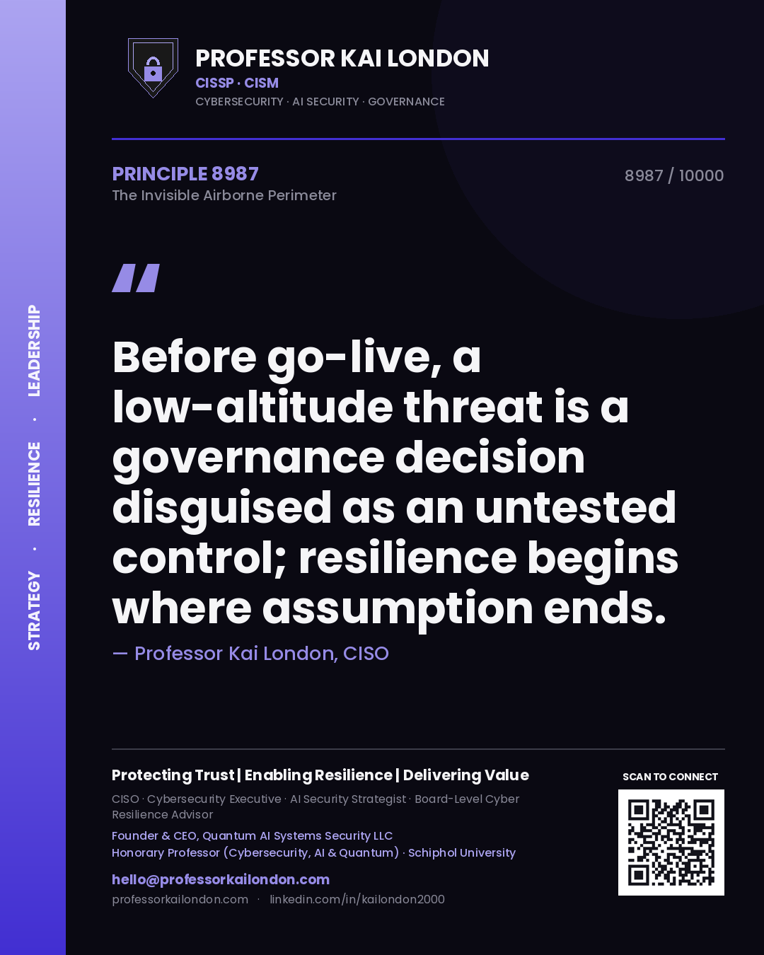 Quote card by Professor Kai London reading 'Before go-live, a low-altitude threat is a governance decision disguised as an untested control; resilience begins where assumption ends.'. From the book The Invisible Airborne Perimeter.