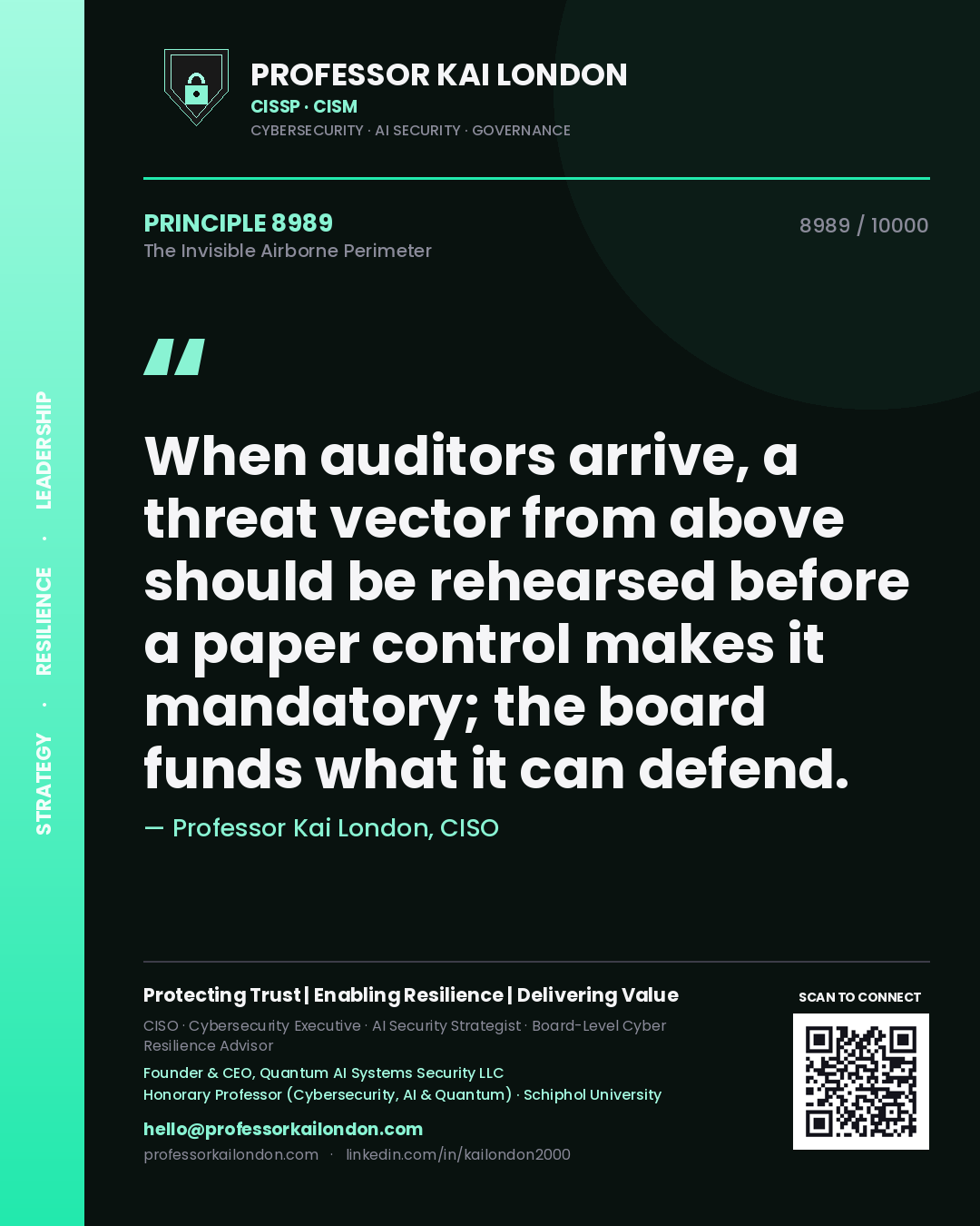Quote card by Professor Kai London reading 'When auditors arrive, a threat vector from above should be rehearsed before a paper control makes it mandatory; the board funds what it can defend.'. From the book The Invisible Airborne Perimeter.